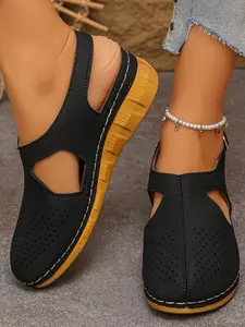 Women's Wedge Heel Round Toe Adjustable Buckle Slip-On Breathable Shoes, PU Leather Casual Fashion Sandals for Parties and Dates