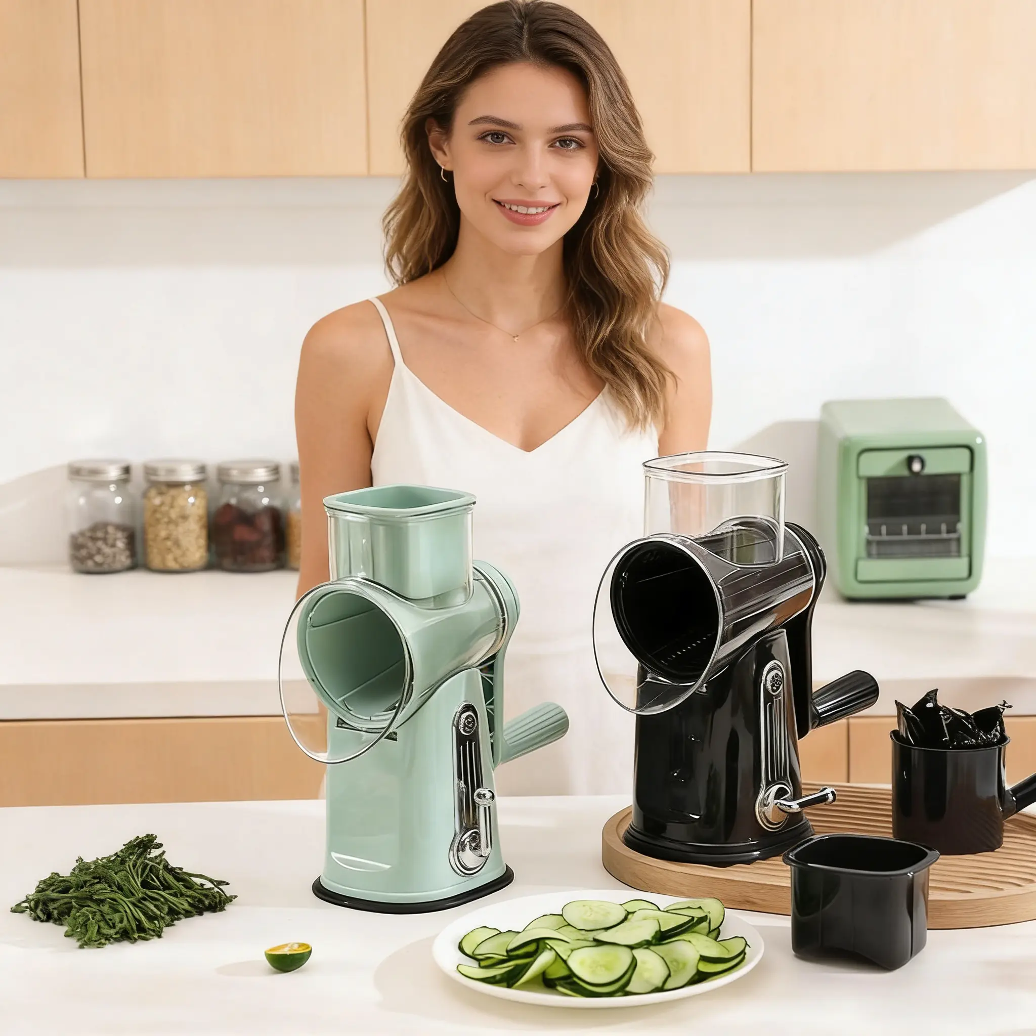 Rotary Drum Grater and Shredder, Multi-Functional Hand-Crank Cooking Utensil with 5 Interchangeable Blades and a Suction Base for Vegetables
