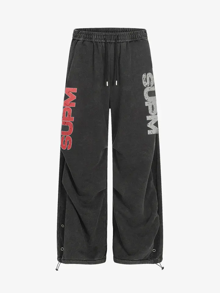 Thesupermade Washed Mottled Rivet Letter Print Baggy Sweatpants | Vertical Side Text Button Streetwear Jogger Men Women