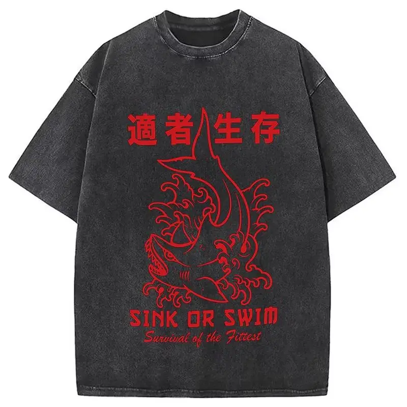 B-Vintage Washed Graphic Tee Oversized Streetwear T-Shirt Heavyweight Cotton | Red Chinese Characters Shark Print Top, Y2K Retro Grunge Aesthetic Urban Short Sleeve Shirt, Sink Or Swim Survival Of The Fittest Unisex Charcoal Black