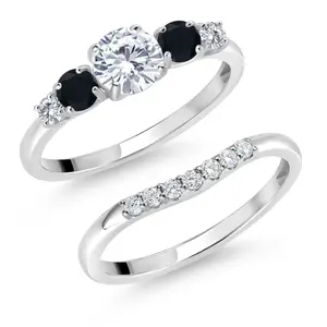 10K White Gold White Lab Grown Diamond and Black Onyx 5-Stone Bridal Engagement Wedding Ring Set For Women | 0.81 Cttw | Round: 5MM and 3MM | Wedding Anniversary Promise Ring