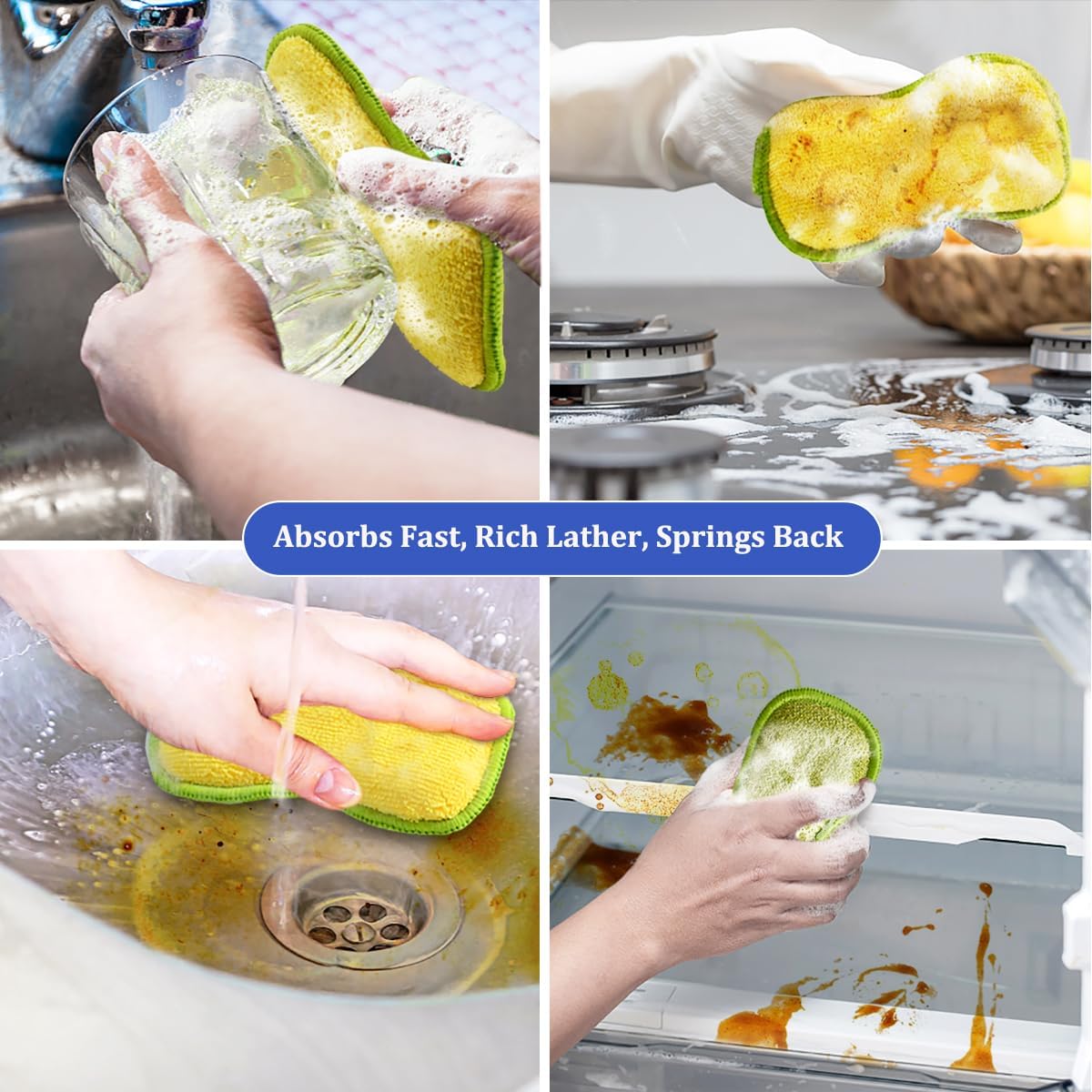 Dish Sponges Kitchen, 12 Pack Multi-Purpose Microfiber Scrub Sponge - Dual-Sided Heavy Duty Non-Scratch Scrubber, Reusable Cleaning Sponge for Dishes, Pots, Pans, Stovetop & Sink