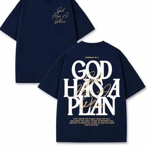 Men's Classic Elegant Round Neck Thick Cotton Denim-Inspired Oversized Black Graphic T-Shirt - Faith-Inspired, "God Has A Plan" Slogan, Jeremiah 29:11 Quote, Double-Sided, Gold Cursive & White Bold Font, Christian Streetwear, Baggy Church Top, Faith-Inspi