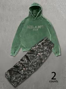 TikMen Men's Sportswear Casual Set, Milan Graphic Hoodie & Sweatpants Two-Piece, Streetwear Tracksuit Set, Trendy Street Style, Comfortable Fit, Fall & Winter Wear