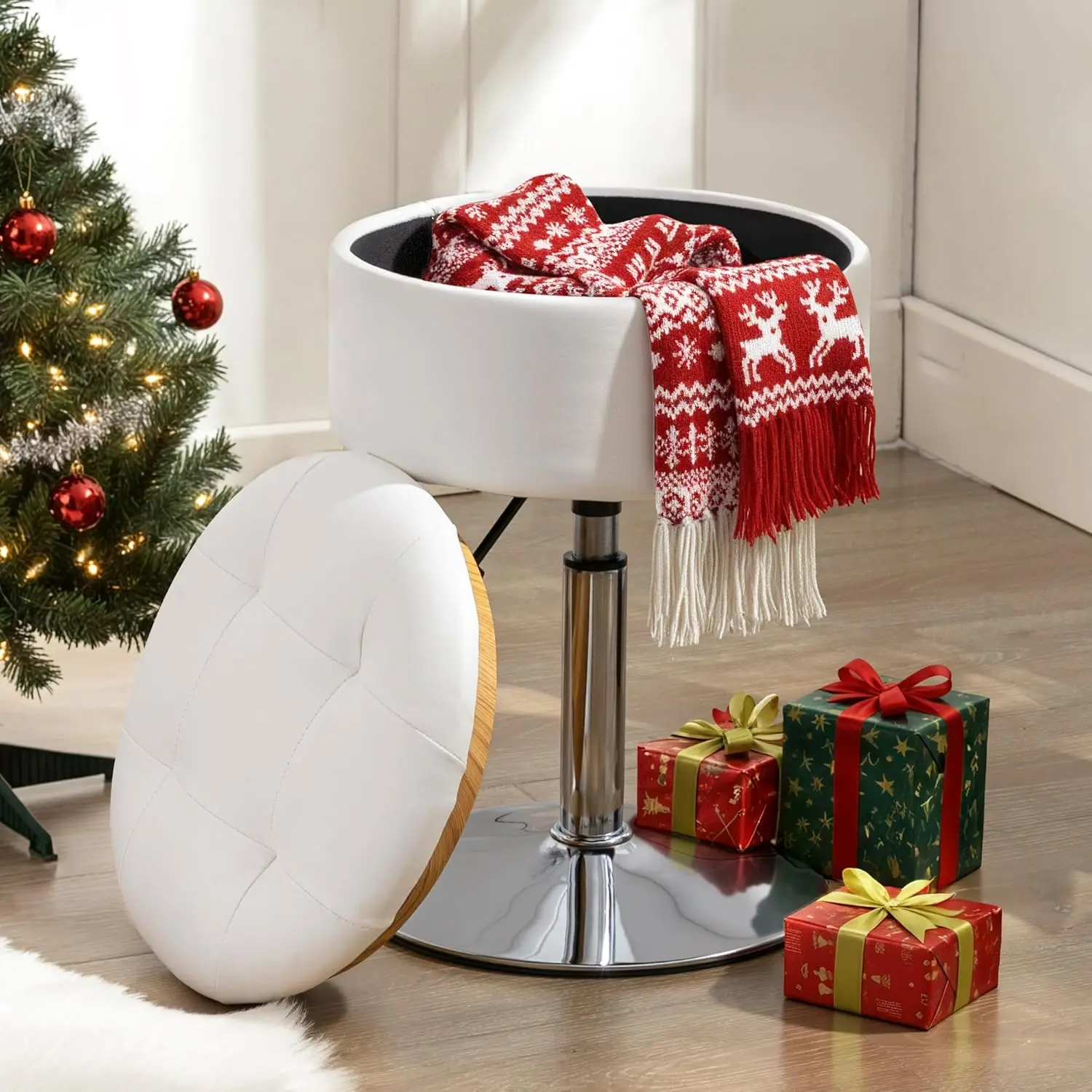 360Swivel Vanity Stool Chair for Makeup Room, Height Adjustable Stool for Vanity with Storage, Small White Faux Leather for Bathroom, Living Room