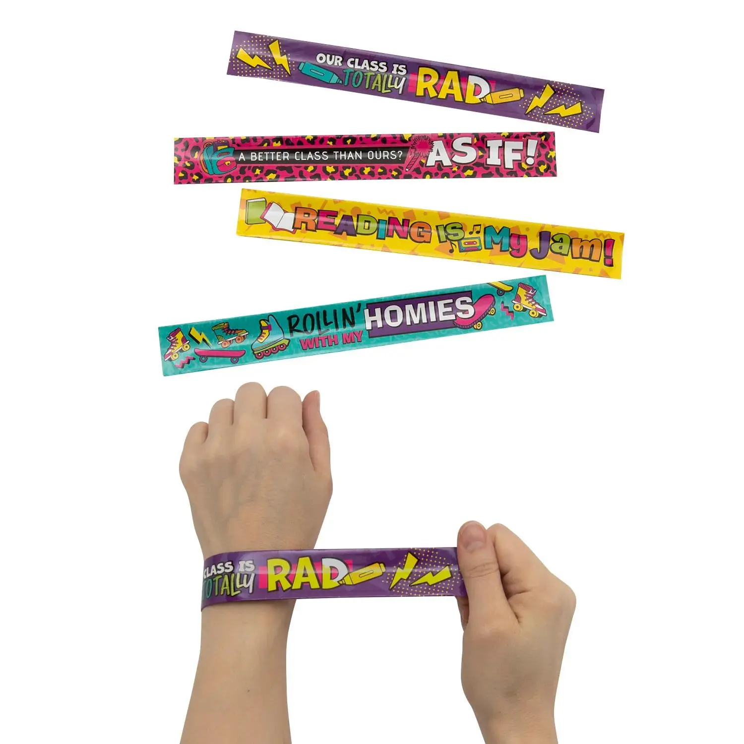 90s Motivational Colored Plastic Bracelets & Bangles - 12 Pc., Classroom Prizes, Party Favors, Goody Bag Fillers with Inspirational Messages
