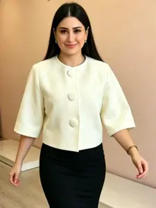 Casual Knit Bolero Cardigan Woman Spring Summer 2026 Elegant Cream Big Button Sweaters Cropped Round Neck Soft Textured Short -Sleeve Tops For Woman Great For OOTD Reels & Weekend Gatherings Cardigan