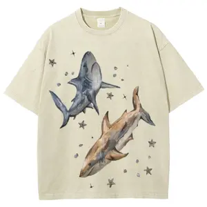 Two Sharks Unisex Vintage Washed Shirt, Unisex Fashion, Full Color, Full Size, For Men, For Women