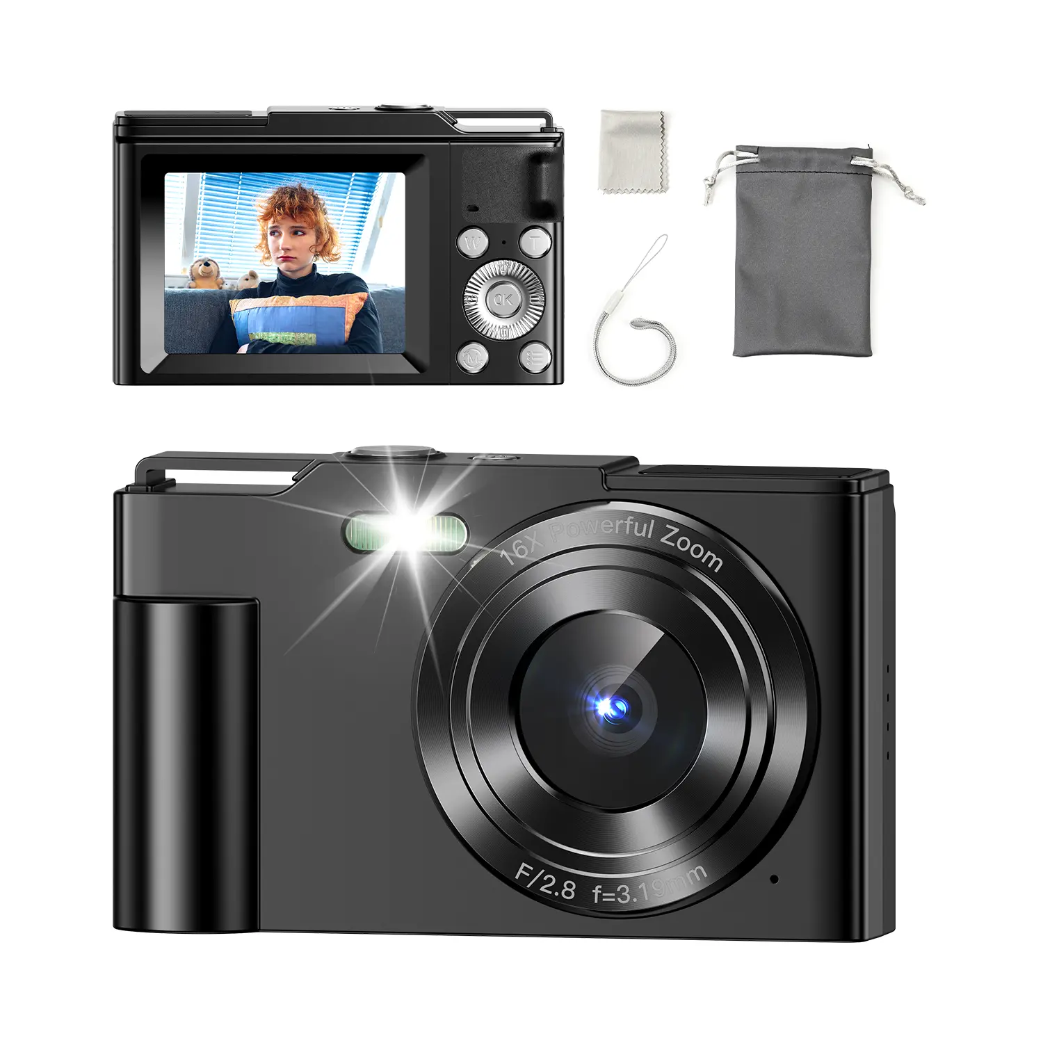 Compact Digital Camera with 16X Digital Zoom, 1080P FHD Video, 2.4" Screen, 64GB SD Card Included, USB Rechargeable 1000mAh Battery, Black, for Travel, Parties, Daily Vlogs & Beginners