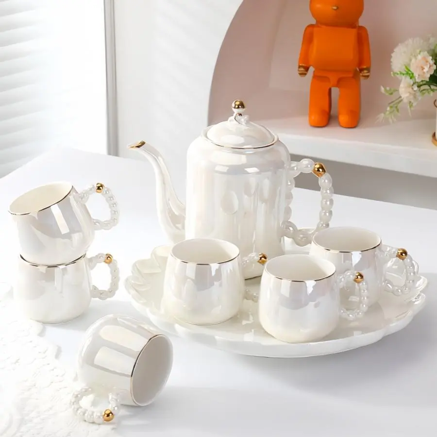 8-Piece Ceramic Home Drinkware Set with 1.2L Teapot, 6 Cups & 13in Serving Tray, Elegant Aesthetic Pearl Tea Party Set Gift for Family & Friends, Tea Pot Sets