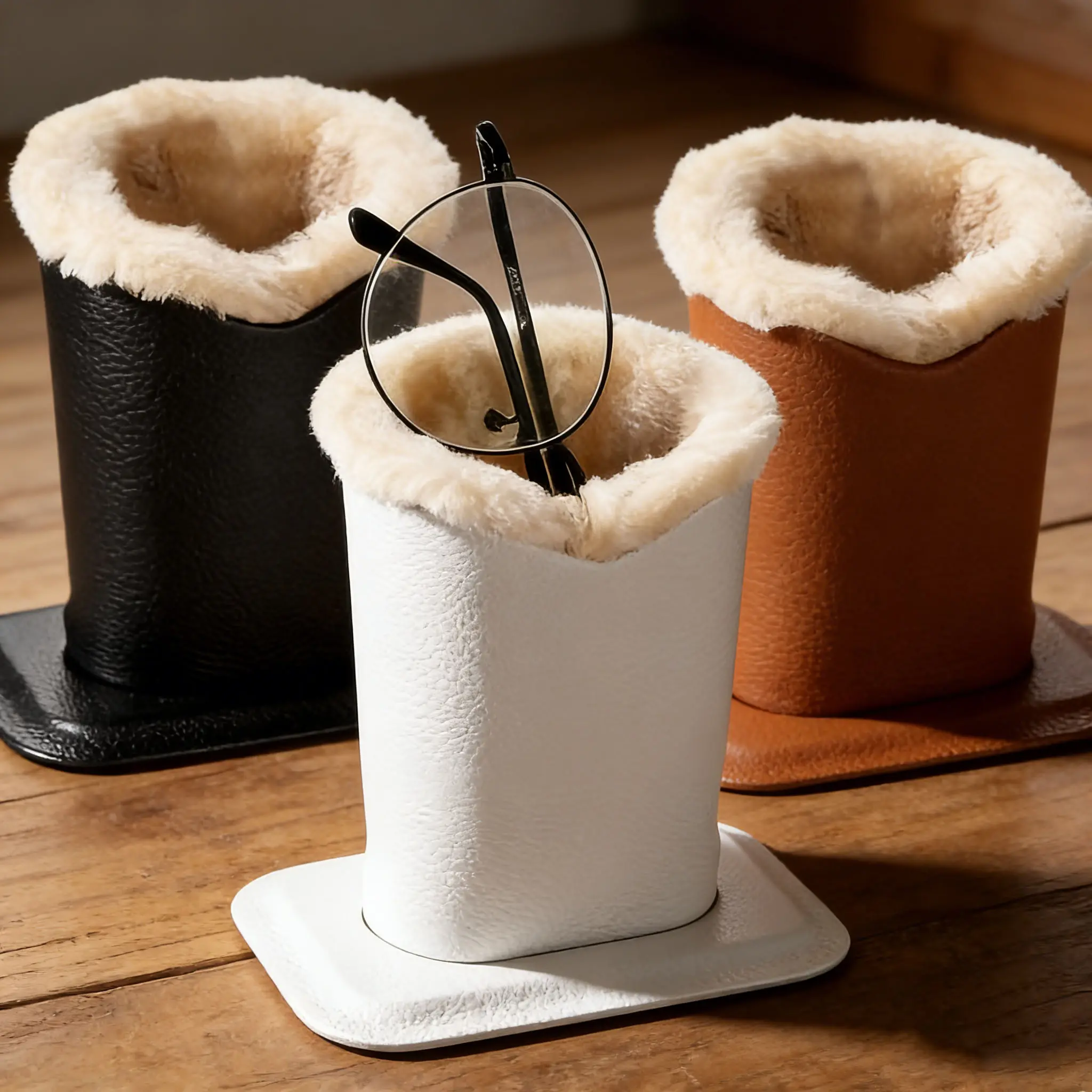 Eyeglasses Holder with Soft Furry Lining and Fixed Base, Durable Glasses Stand Case Vegan Leather Exterior, Portable Sunglasses Organizer, Scratch-Resistant, Anti-Slip, Home/Office/Travel Use