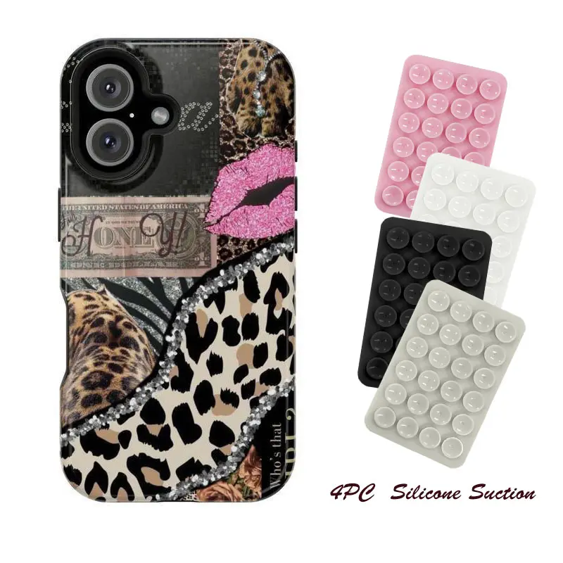 4PC Silicone Suction Phone Case Mount, Glam Leopard Print Phone Case – Pink Glitter Lips, Money Aesthetic & Diamond Detail |   Luxury Diva Style for iphone 17 promax case air 16 plus 15 14 pro Samsung S25 EDGE S24 S23 Ultra Fe Protection Smartphone casing