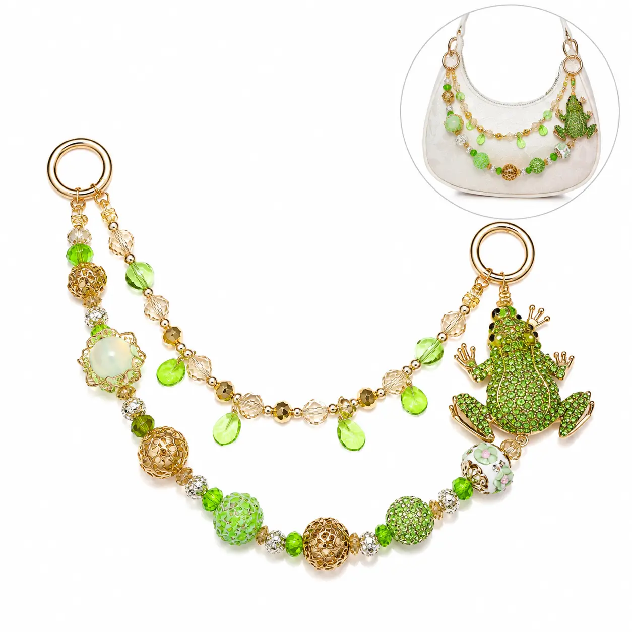 Green Rhinestone Frog Beaded Charm Jewelry, Double Layer Detachable Pendant Chain, Fashion Accessory for Women, Holiday Birthday Gift BB-349