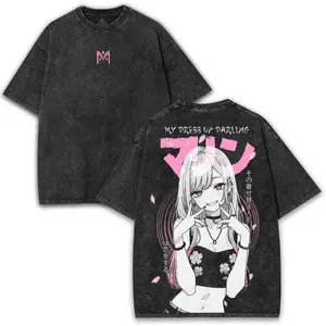 Marin Kitagawa My Dress-Up Darling Oversized Washed Tee 260GSM With Pink Sakura Anime Back Art | Cute Waifu Collector Shirt Cotton Streetwear Unisex couple T-shirts
