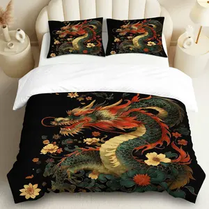 3PCS Duvet Cover Set, 1 Duvet+2 Pillowcases(Without filler), Dragon Floral Oriental Mythical theme, Chinese New Year bedding set, Luxurious Soft Suitable for decoration Bedroom Living Room Hotel Guest Room.