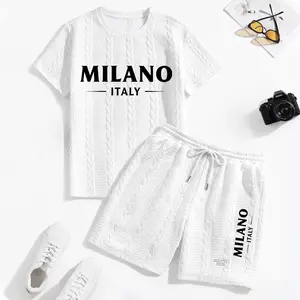 Men's Milano Italy Letter Graphic Textured Fabric Drawstring Waist Shorts Set 2 Counts, Short Sleeve T-Shirt & Pocket Track Shorts, Casual Fashion Cozy Men Two-Piece Outfits For Spring & Fall
