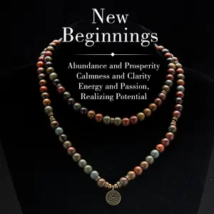 Vintage Bohemian 108 Mala Beads Healing Crystal Stone Handmade Stacked Elastic Bracelet - Picasso Stone Natural Mindfulness Long Beaded Wrap  Gemstone Mala Prayer Beads Lotus Buddha Charm Yoga Japamala Jewelry Necklace  Elegant  Lotus Pendant,  Ramadan