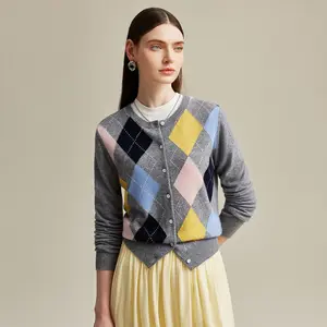 COMOBOCA 100% Cashmere Women's Argyle Pattern Button-Up Cardigan, Soft Figure Flattering Design for Cozy Winter Wear, Regular Fit