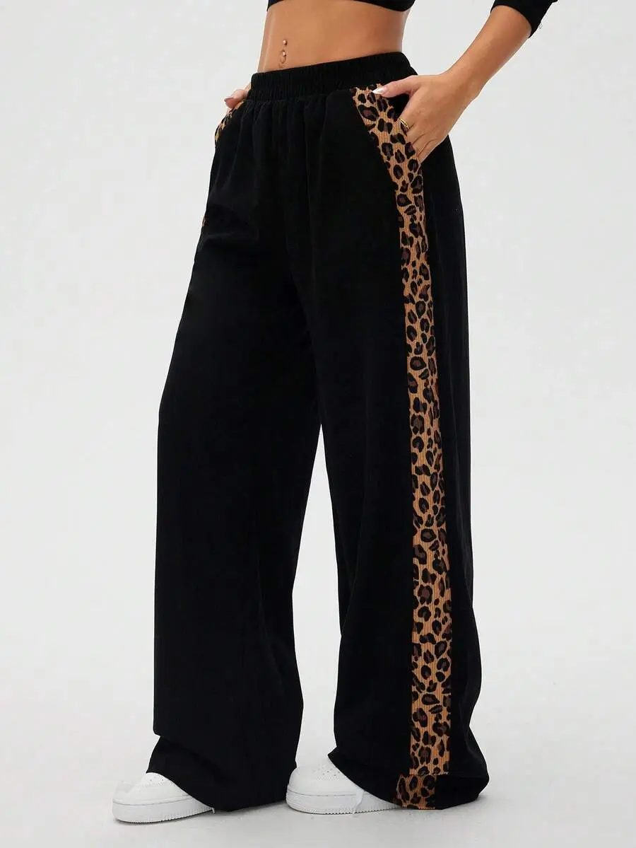 LUNA LAYER Womens Leopard Print Patchwork Casual Loose Wide Leg Corduroy Pants