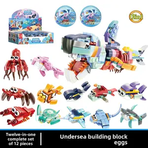 Easter Egg Building Blocks Toy 12 Pack Capsule Mini Brick Set Dinosaur Ocean Animal DIY Assembly Toys for Kids Party Favors Birthday Gift Easter Basket Stuffers Goodie Bag Fillers Small Toys for Boys Girls Classroom Prize Bulk Toys