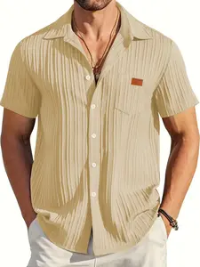 Men's Summer Hawaiian Tropical Textured Striped Solid Color Short Sleeve Collared Shirt, Loose Fit Casual Comfortable Top, Daily Wear Men's Clothing
