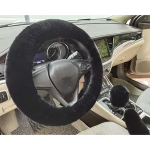Winter Warm  Furry Fuzzy  Steering Wheel Cover,Universal Fit Thickening Faux   Plush Steering Covers+Gear Shift Cover and+ cover-3pcs Set (Black)