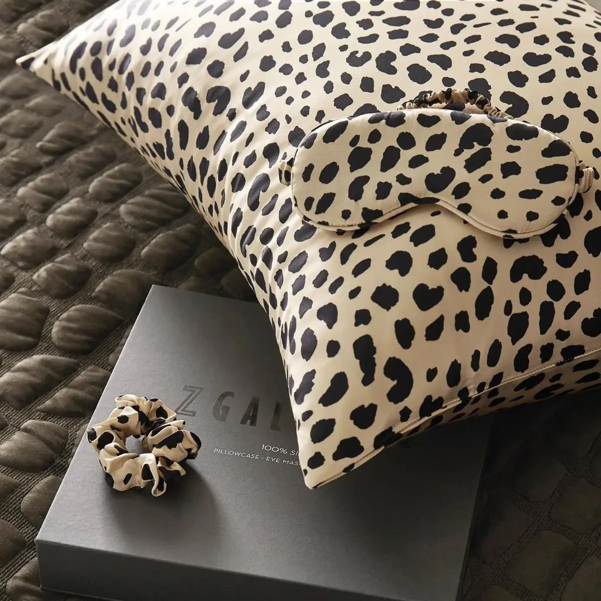 Z Gallerie Silk Pillowcase Gift Set - Cheetah Print, Ivory & Black Accents, Eye Mask, Silk Scrunchie for Night Routine Bedding