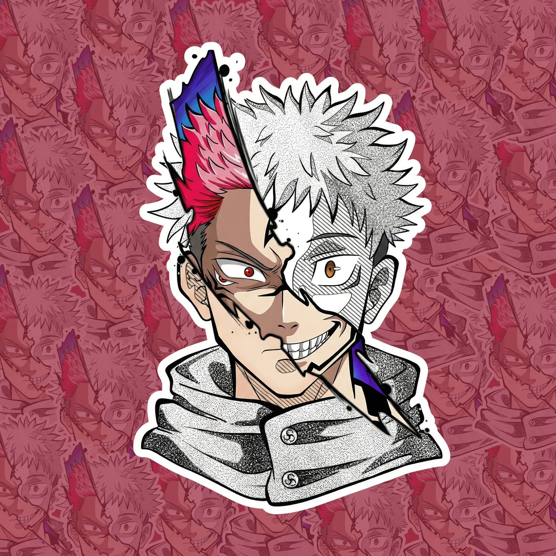 Jujutsu Kaisen Split Face Sticker - Yuji Itadori & Sukuna Anime Decal for Laptop, Water Bottle