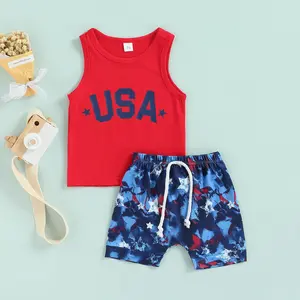 4th of July Baby Boy Outfit Stripes & Stars Print Vest Top and Drawstring Shorts 2 Piece July Fourth Clothes Set