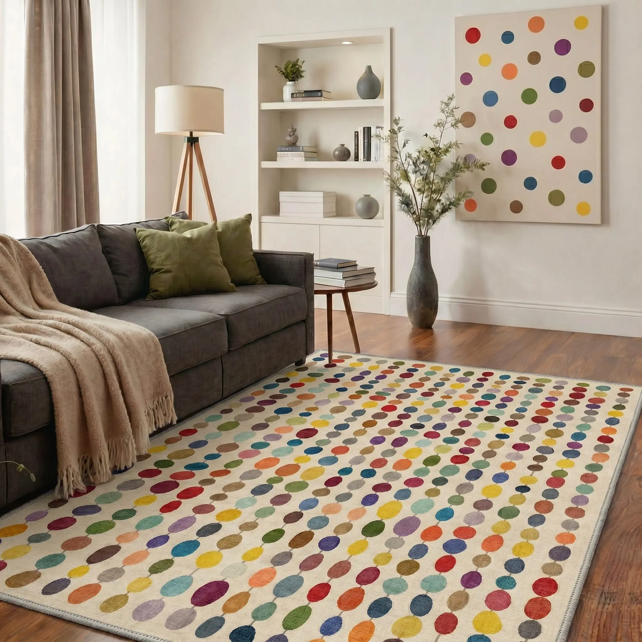 【Back To School】GENIMO Area Rugs for Living Room Non Slip Backing Low Pile Lightweight Print Pattern, Oval Pattern Modern Minimalist Rugs for Bedroom Dining Room Home Office, Multicolor