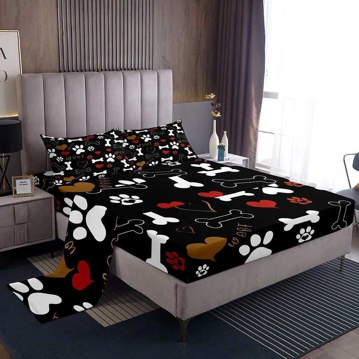Dog Paw Print Sheet Set,Lovely Animal Theme Bed Sheets White Bone Pattern Fitted Sheet Red Heart Flat Sheet Soft Luxury,Black Home Room Decor