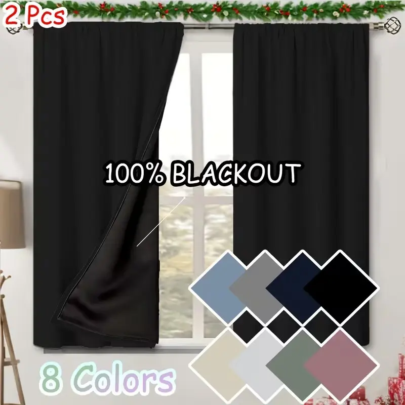 2 Piece 100% Blackout Light Blocking Curtains, Blackout Window Cover, Home Decoration Curtain, Lightweight Indoor Darkening Design, Pure Color, Rod Pocket, Modern Simple Style for Bedroom Kitchen Balcony