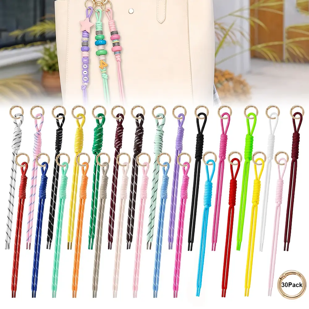 27Pcs 10.63 Inch Synthetic Paracord Rope Keychain Set with 30 Pcs Metal Rings, Braided Knots Bag Charms for Handbag Purse - Daily/Party Use, Home Improvement Building Supplies Accessory