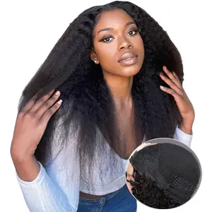 Bling Hair Kinky Straight 3 IN 1 Half Wig Human Hair Wear and Go Yaki Straight Glueless Wig Machine Made Clip-in Upgrade Human Hair Wigs