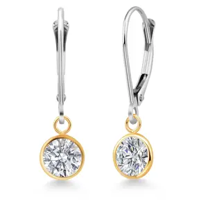 Gem Stone King 925 Silver and 10K Yellow Gold E - F Lab Grown Diamond Dangle Earrings for Women | 1.48 Cttw | Gemstone April Birthstone | Round 6MM