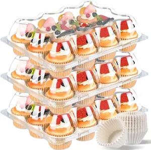Plastic Cupcake Containers 12 Count (12 Sets), Stackable Cupcake Boxes Holders with Tall Dome Lid, Disposable Cupcake Carrier Trays Include 150 Cupcake Liners Bakeware Utensils