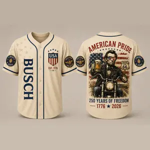American Pride Route 66 Baseball Jersey, Vintage USA Biker Beer Shirt, 250 Years of Freedom Patriotic Button Up Jersey for Men, 4th of July Streetwear Gift