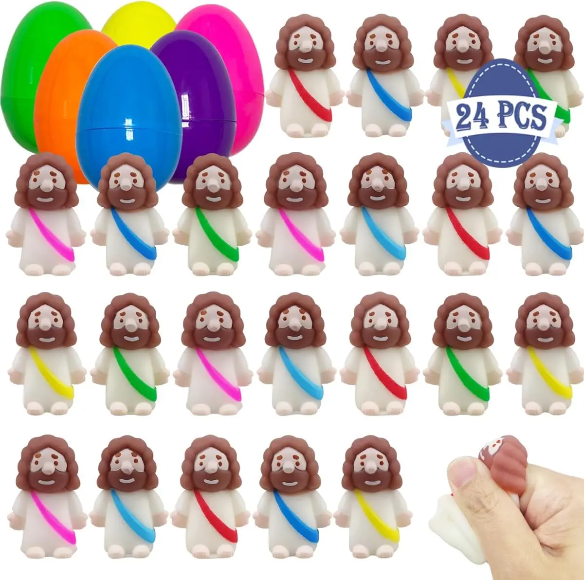 24 Pack Plastic Prefilled Easter Eggs with Mini Jesus Mochi Squishy Toys Inside for Kids Boys Girls Toddlers Easter Basket Stuffers Gifts Fillers Party Favors