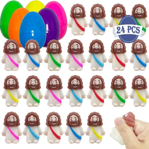 24 Pack Plastic Prefilled Easter Eggs with Mini Jesus Mochi Squishy Toys Inside for Kids Boys Girls Toddlers Easter Basket Stuffers Gifts Fillers Party Favors