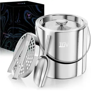 Ice Bucket with Lid, Scoop, Tongs, and Strainer, 3 L Stainless Steel Double Wall Insulated Ice Bucket for Parties, Keeps Ice Frozen Longer, Ideal for  Bars, Freezers, and  -