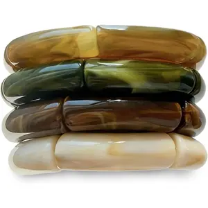 iF YOU 6pcs Chunky Acrylic Bangle Bracelets for Women, Resin Bamboo Brown Stretchy Bracelet Stack, Fashion Jewelry for Women