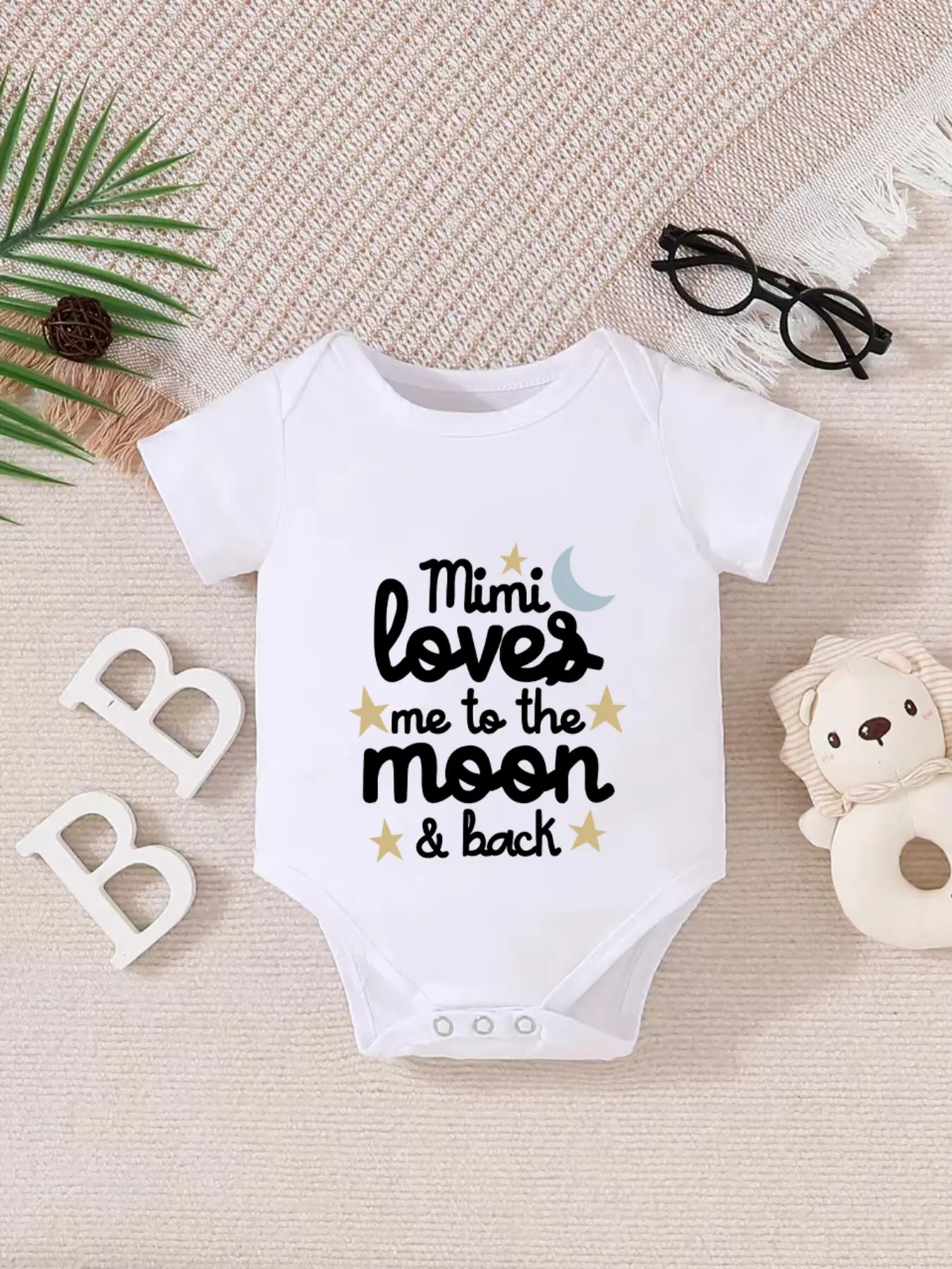 Newborn Summer Short Sleeve Triangle Onesie, Unisex Baby Jumpsuit, Cute Mimi Love Print, Fitted Star Moon Pattern, Adorable One-Piece