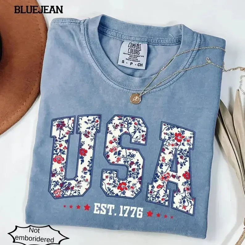 Comfort Colors USA Floral T-Shirt, Patriotic America Graphic Tee, USA Est 1776 Shirt, Retro Fourth of July Tee, Cute American Flag Summer Top, Vintage Patriotic Women Graphic Shirt, Independence Day Gift Tee for Women & Men