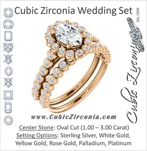 CZ Wedding Set, featuring The Maritere engagement ring (Customizable Oval Cut style with Round-Bezel Floral Halo and Accented Band)