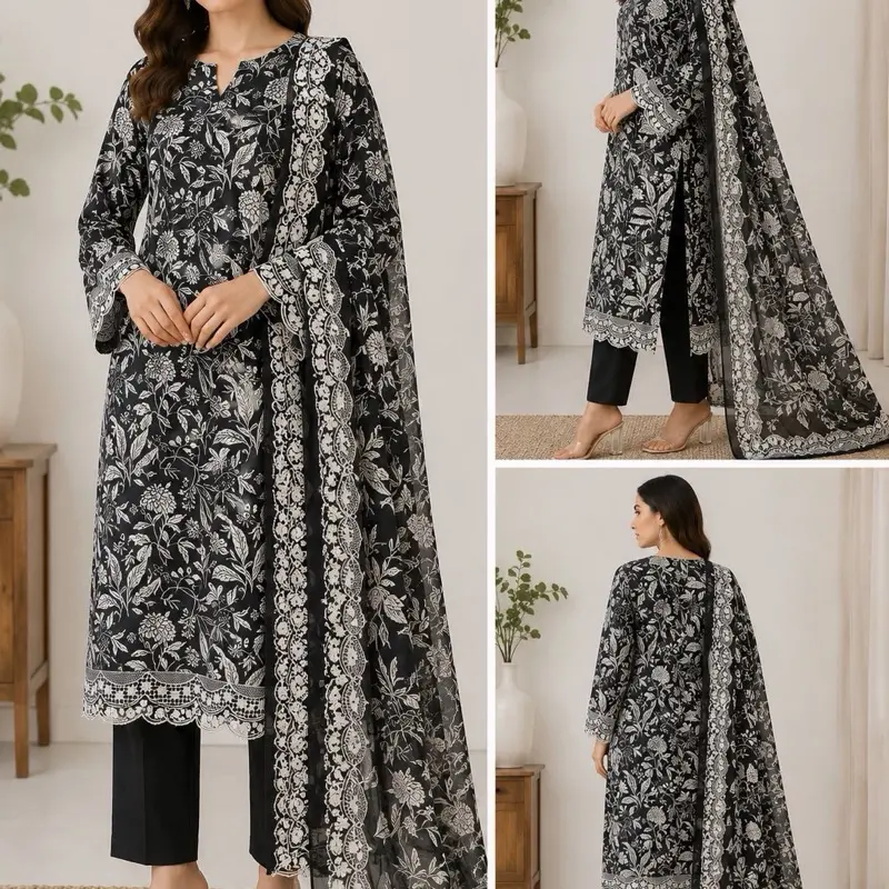Black Garden Elegance with white silver embroidery 3 piece suit