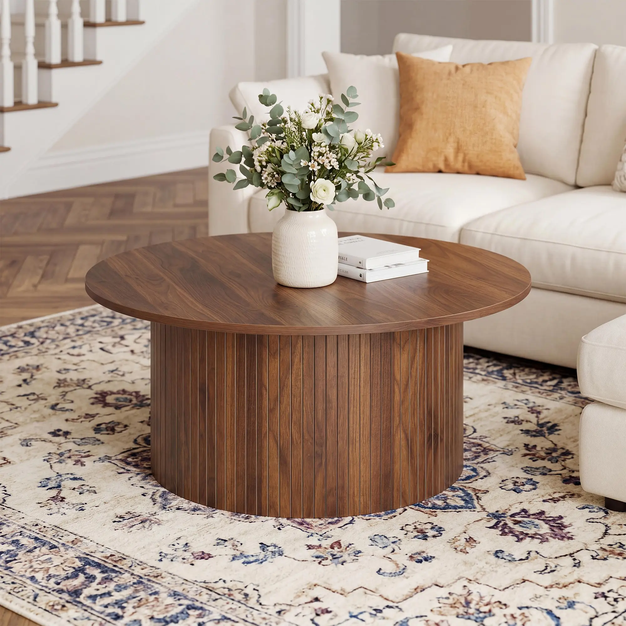 Modern Fluted Edge Round Retro Coffee Table - 31.5" Round Surface Mid-Century Modern Center Table, Waterproof Top, Sturdy Metal Frame, Wood Slats, Enhanced Stability, Instruction Guide, Quick Setup, Assembly Required, Patio Ready Living Room Furniture