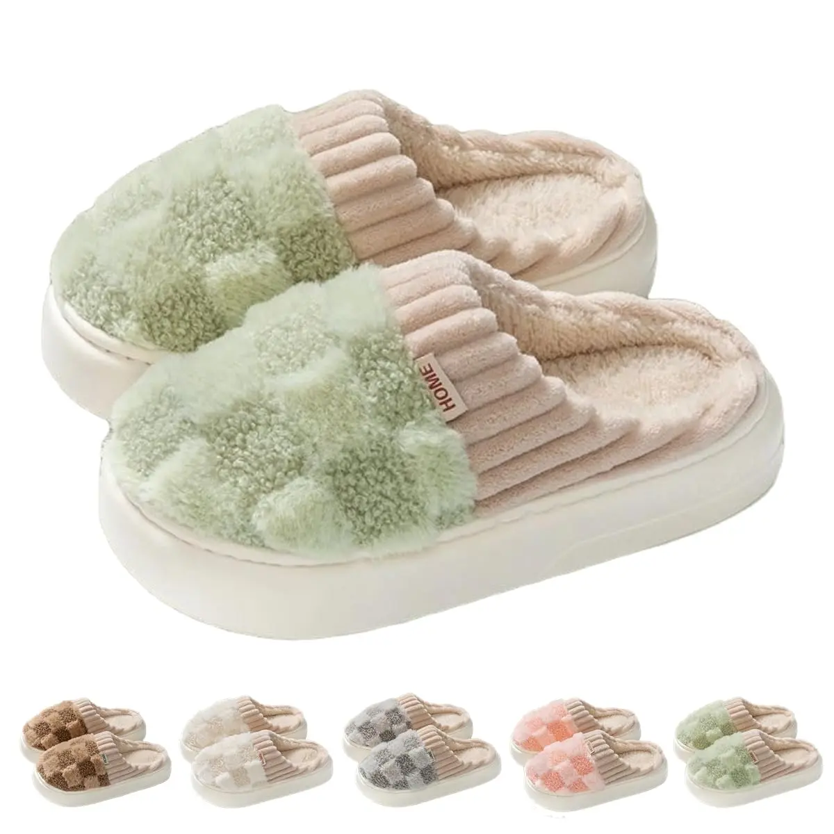Unisex Checked Thick-Soled Slip-On Fuzzy Plush Slippers - Synthetic Casual Indoor Wear for Warm Cozy Bedroom Comfort
