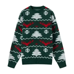 Christmas-themed crewneck knit sweater, featuring a festive atmosphere with abundant Christmas trees, reindeer antlers, and snowflower jacquard patterns. The crewneck knit is skin-friendly and warm, with delicate details suitable for young people who valu
