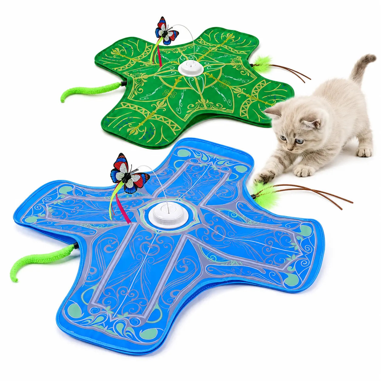 QUBIXPAW-Interactive Cat Toy for Indoor Cats, Self Play Hunting Mat with Moving Butterfly & Feather Teaser, Electronic Cat Enrichment Toy with 3 Play Modes Rechargeable