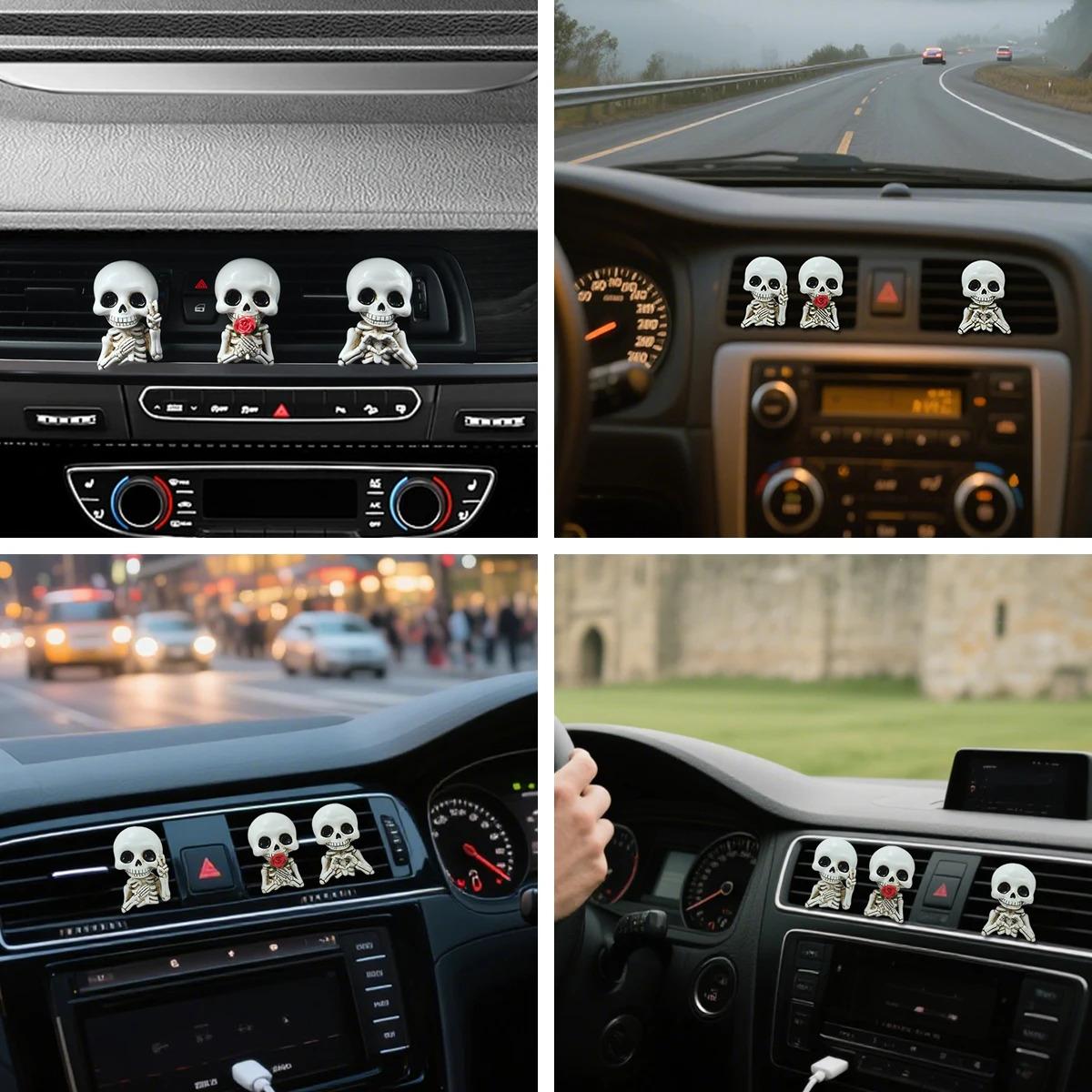 3pcs Cute Skeleton Resin Figurines, Car Interior Accessories, Fragrance Diffusers, Car Aroma Diffuser, Air Outlet Clips, All-Season Car Decor, Holiday Decorations, Air Freshener, Car Accessory, Perfect Car Gift